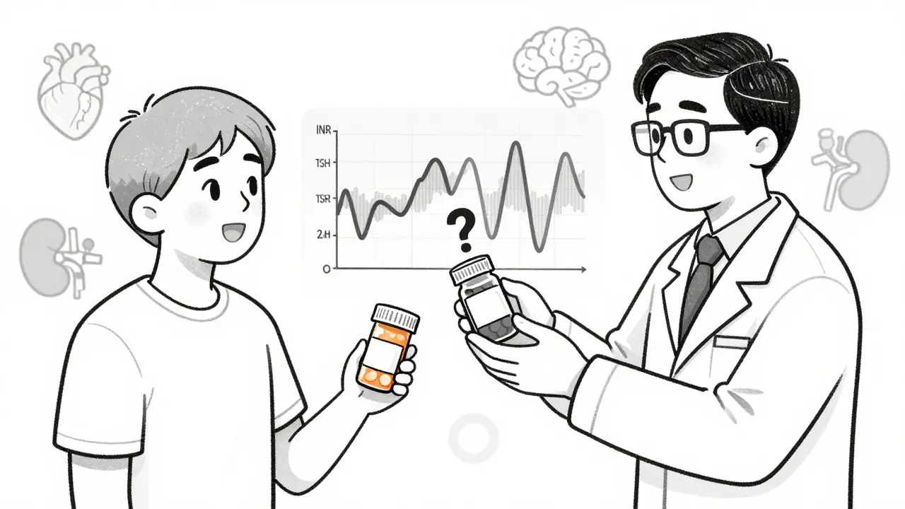 Patient receiving a different generic pill from a pharmacist, with fluctuating blood level graphs in the background.