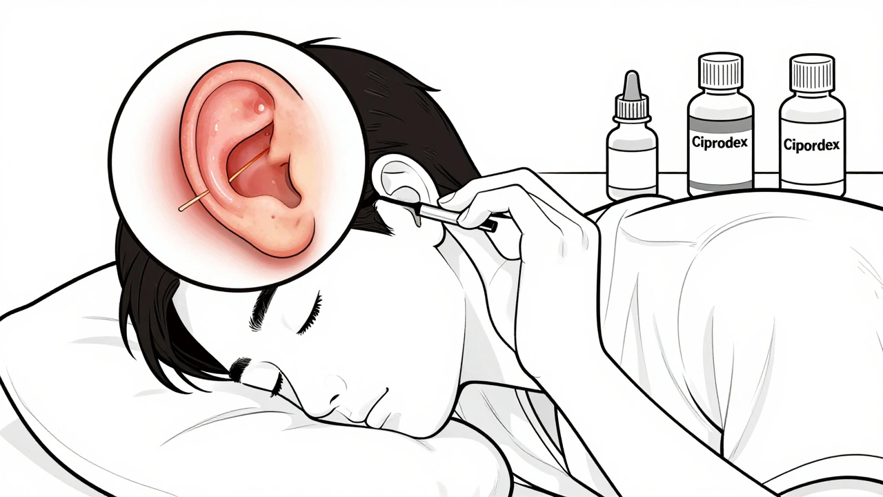 Person applying ear drops correctly with magnified view of swollen ear canal