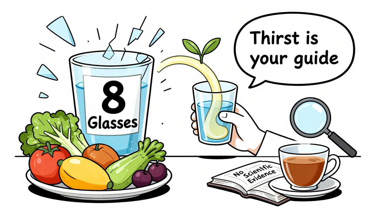 Person beside food and drinks with shattered &#039;8 Glasses&#039; sign and &#039;Thirst is your guide&#039; bubble.