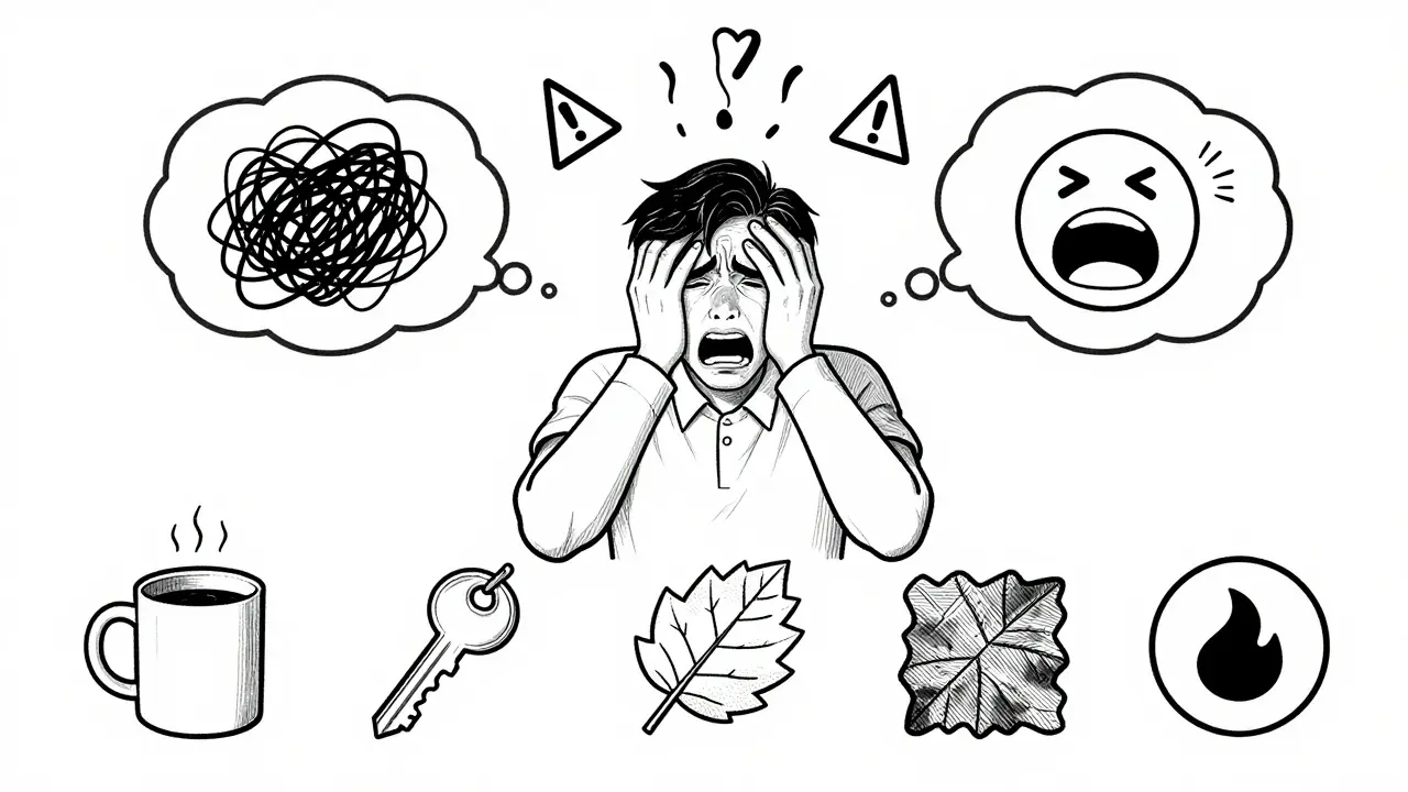 Person surrounded by chaotic thoughts, pointing to five sensory objects for grounding.