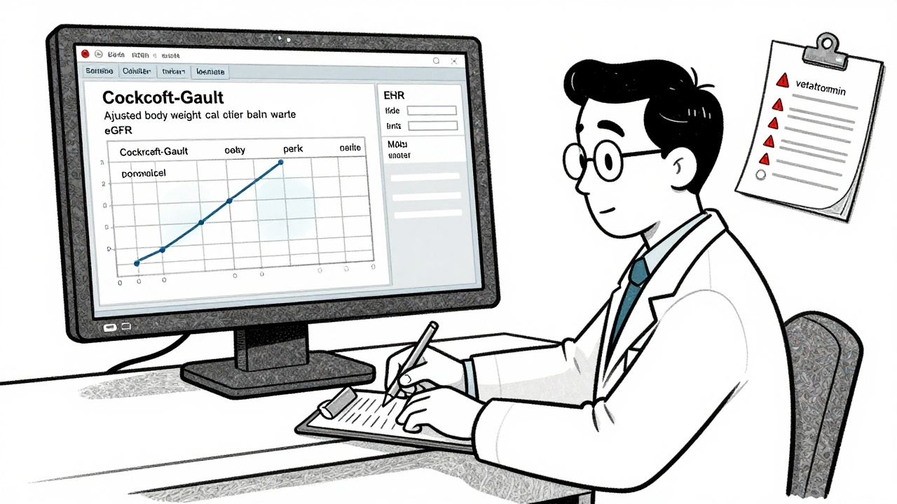 Pharmacist calculating drug dosing using Cockcroft-Gault formula and eGFR chart on a medical screen.