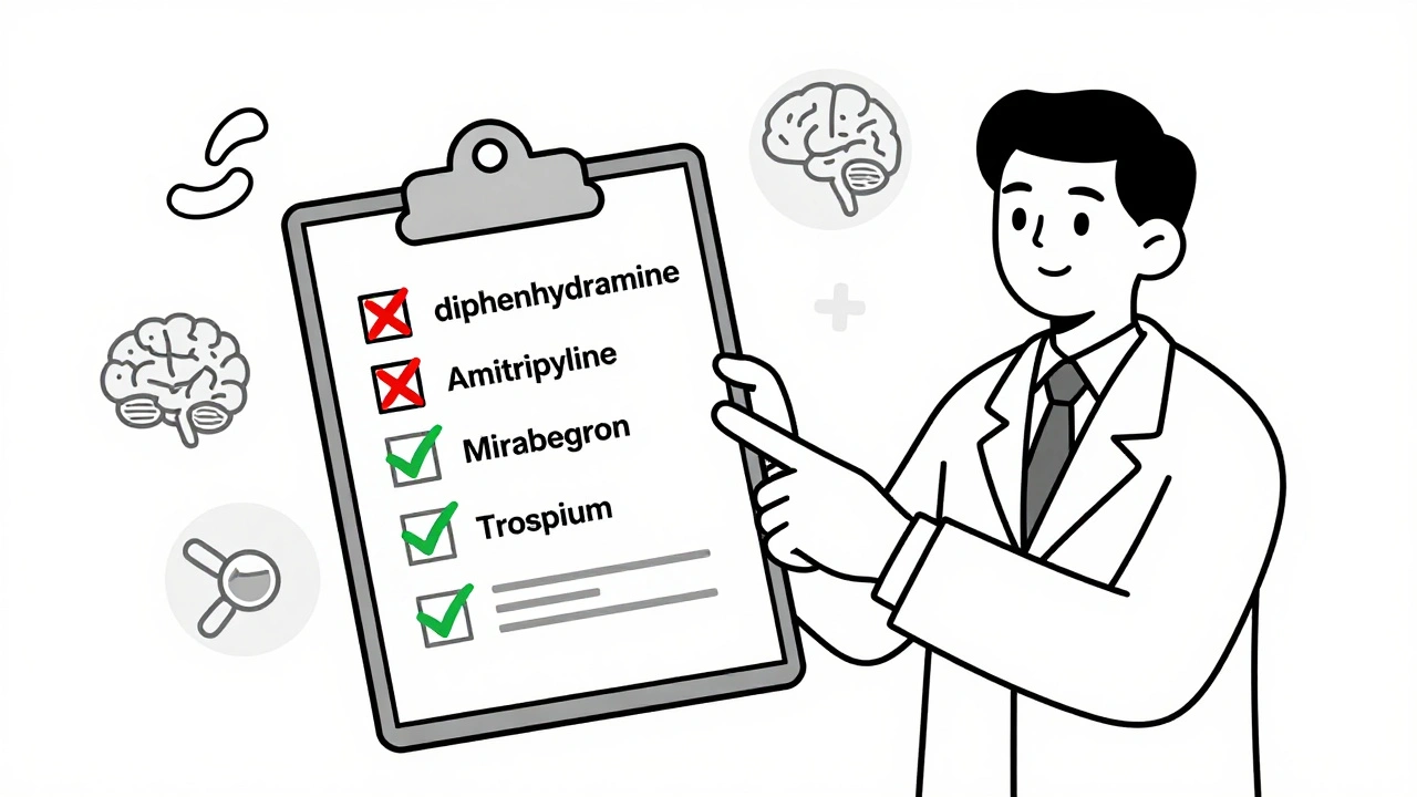 Pharmacist crossing out risky drugs and recommending safer alternatives for seniors.