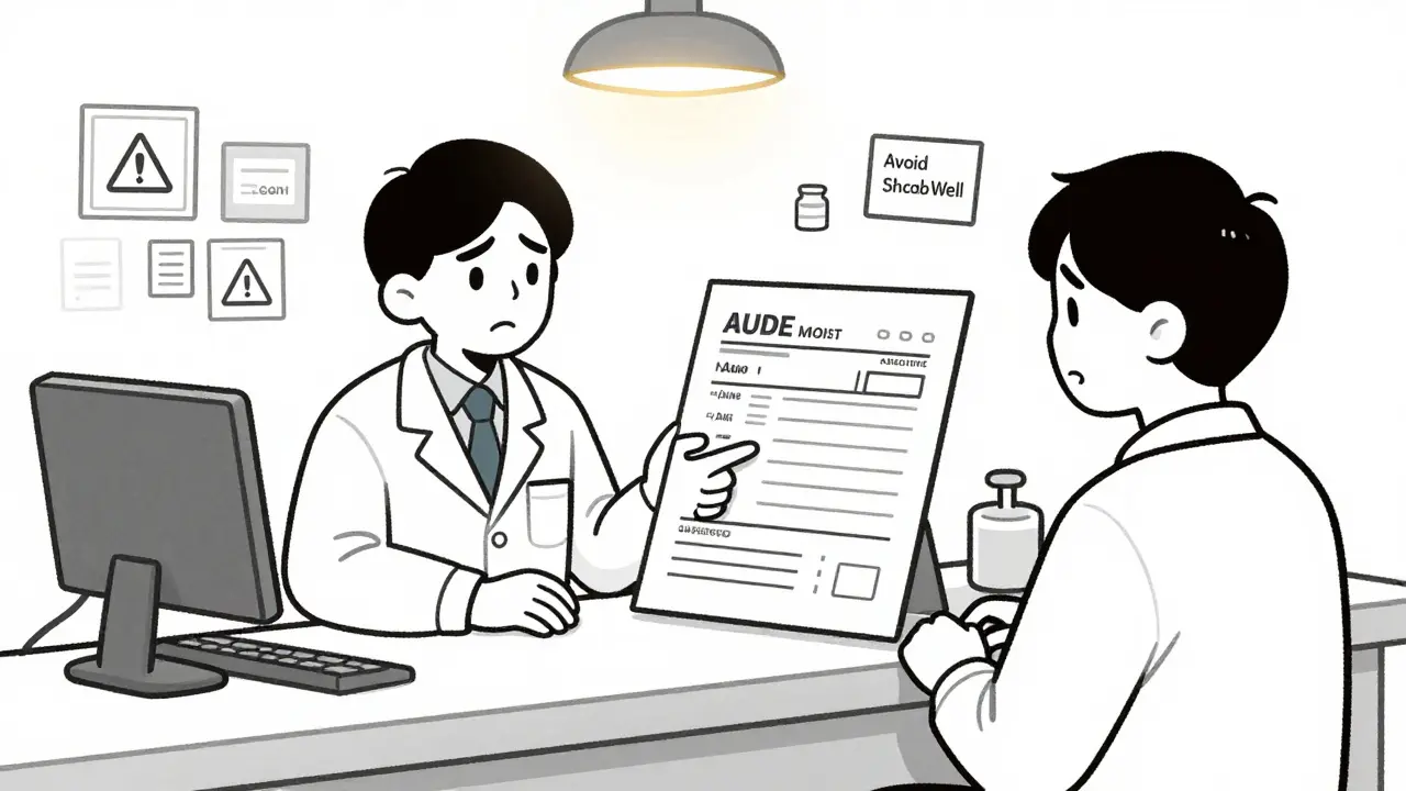 Pharmacist explaining a prescription label to a confused patient at the pharmacy counter.