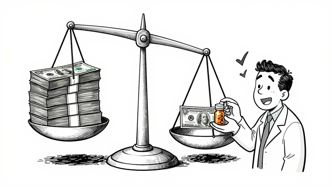 Pharmacist giving a generic pill bottle to a patient, while a scale shows brand-name drugs weighing far more in cost than generics.