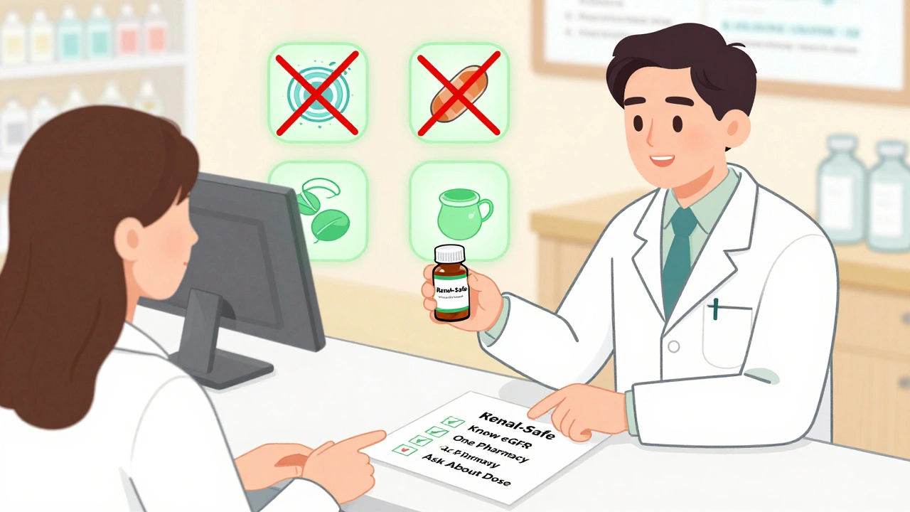 Pharmacist giving renal-safe pills to patient with checklist and dangerous drugs crossed out.