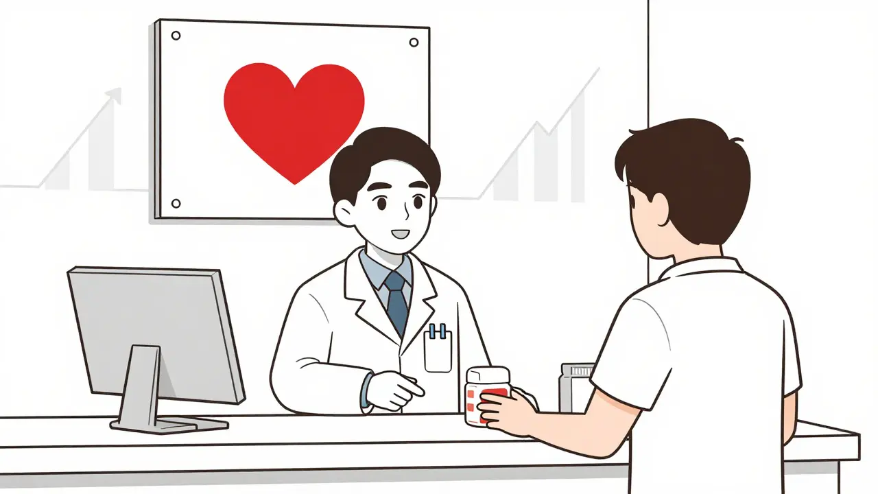 Pharmacist preventing a customer from buying decongestants at the counter with a heart warning sign.