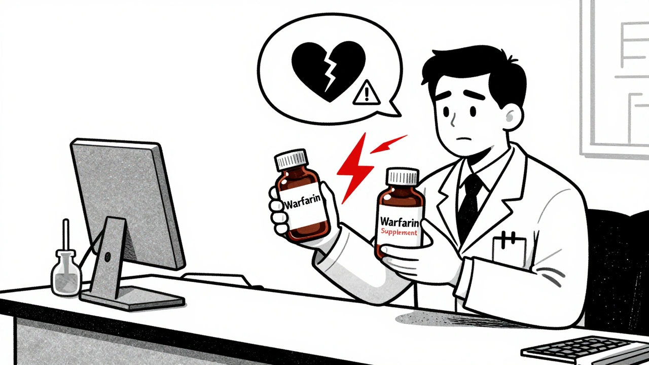 Pharmacist showing a dangerous interaction between warfarin and turmeric with a red lightning bolt.