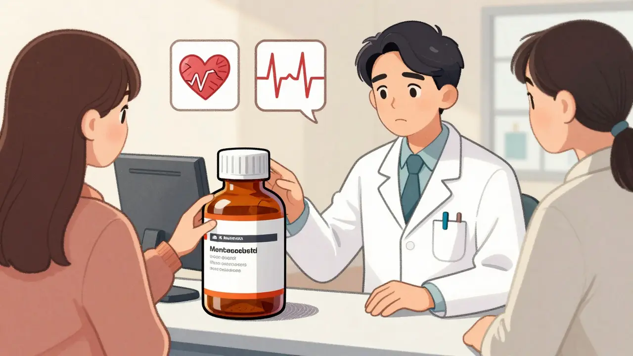 Pharmacist stopping customer from buying decongestant, with medical warning icons floating nearby.