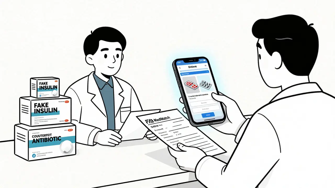 Pharmacist submitting counterfeit drug report to FDA agent with photos displayed on smartphone.