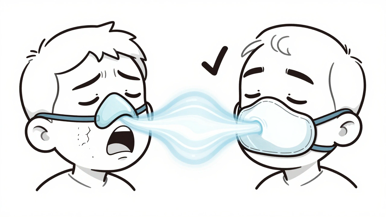 Side-by-side: mouth breather with dry lips vs. sealed nasal mask user, relaxed and comfortable.