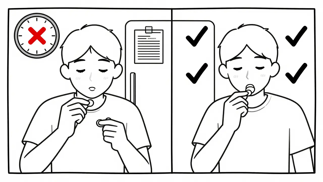 Split illustration showing correct and incorrect ways to take medication based on label instructions.