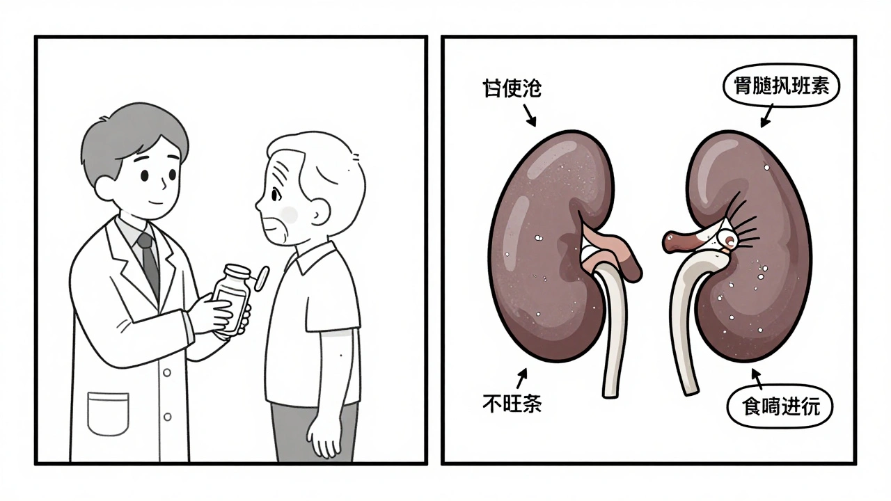 Split image: standard prescription vs. hidden dangers of unadjusted kidney dosing in elderly patient.
