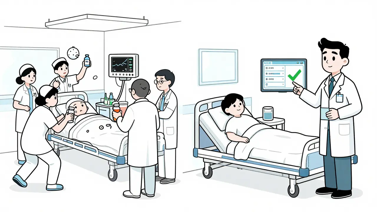 Split scene: chaotic ICU vs calm ICU with pharmacist using AI substitution tool on EHR screen