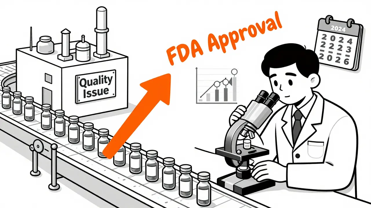 Split scene: factory shutdown on one side, scientist verifying drug stability on the other with FDA approval timeline.