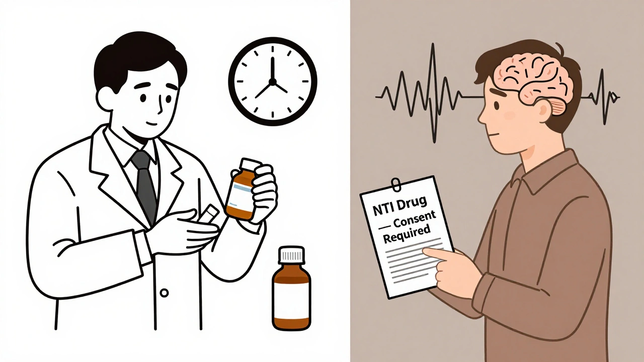 Split scene: pharmacist quickly substituting medication vs. patient with epilepsy holding a safety notice.