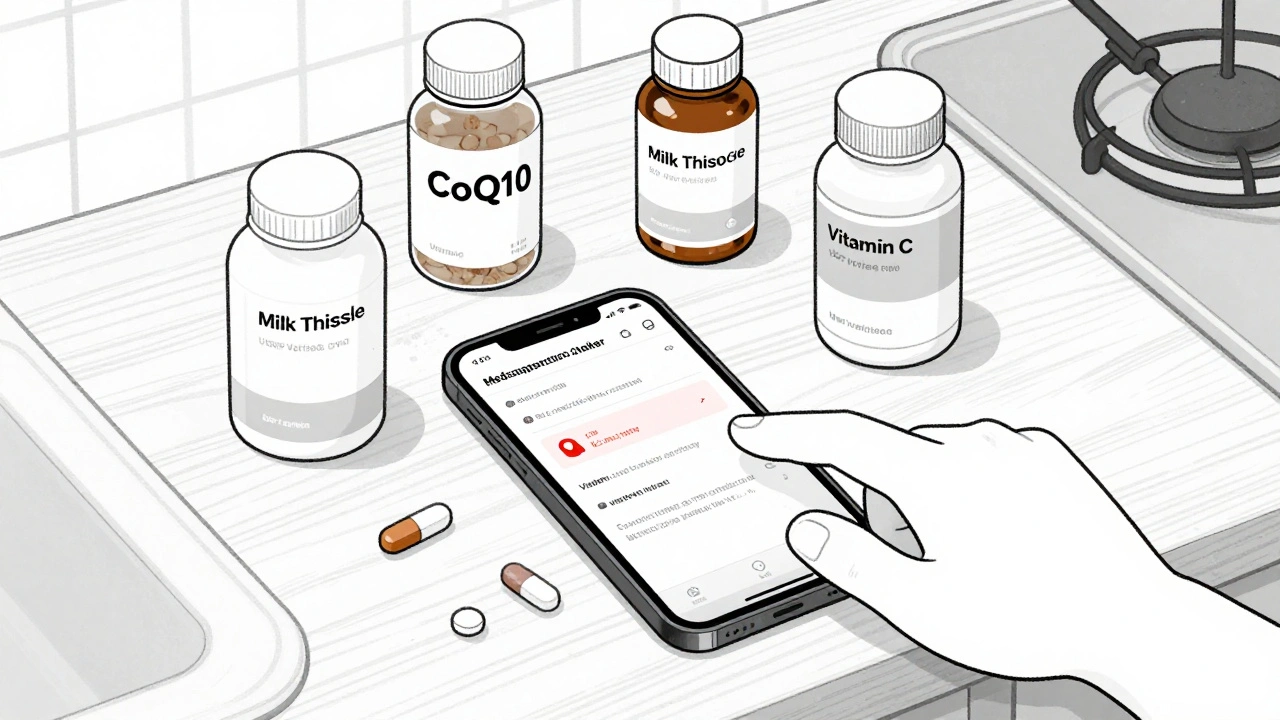 Supplements on a counter with a smartphone displaying a drug interaction alert from Medscape.