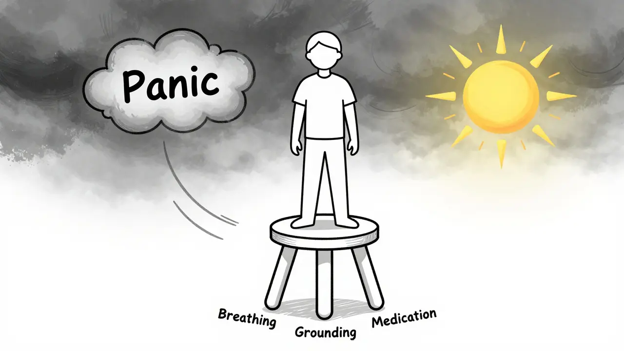 Three-legged stool representing panic attack tools, person standing strong as storm fades.