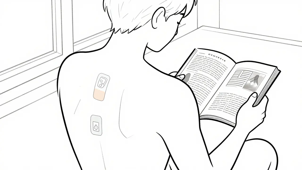 Three small patches on a person's back during a patch test, with calm lighting and no text.