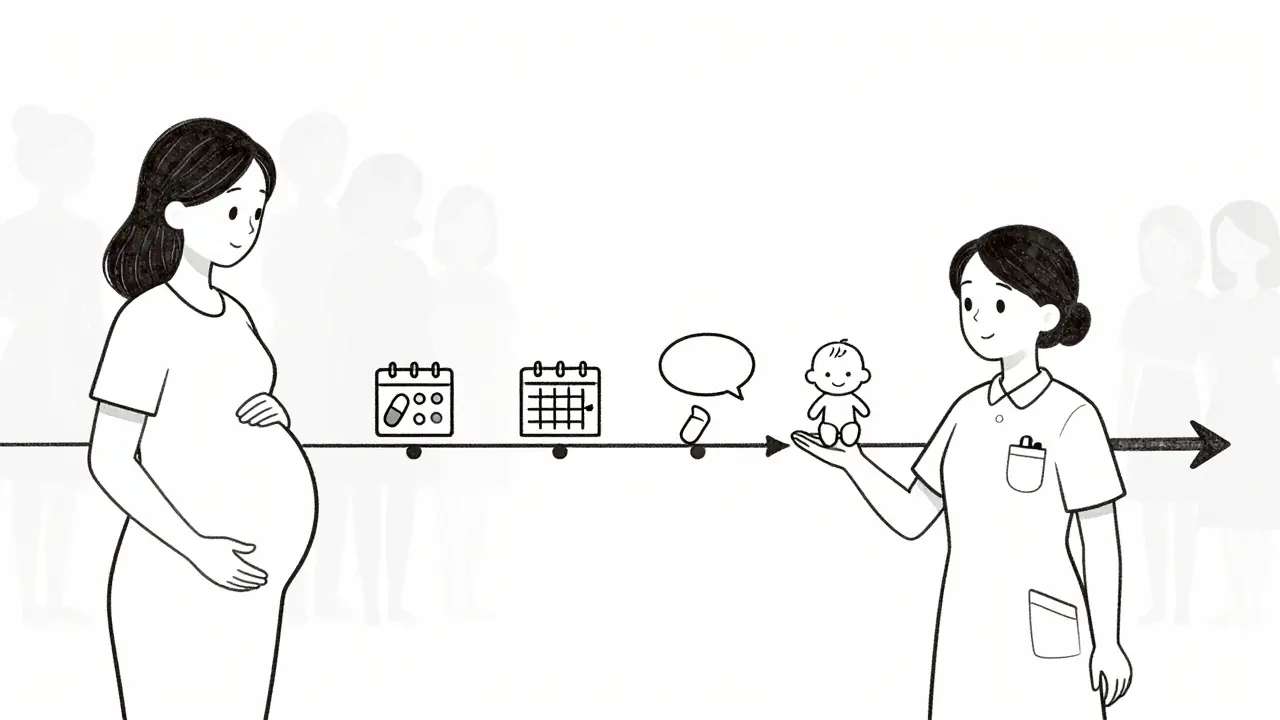 Timeline showing pregnancy to child’s first year with health milestones, guided by a nurse, representing long-term safety tracking.