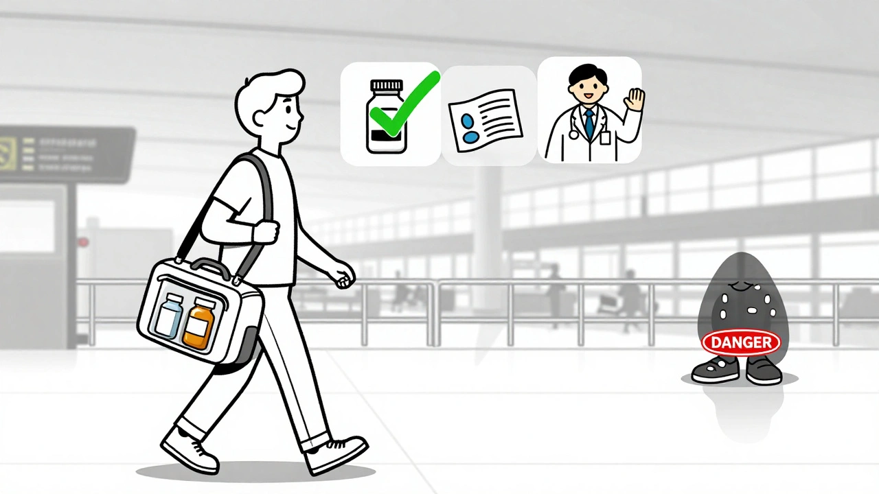Traveler walking through airport with labeled meds in clear pouch, green checkmarks floating above.