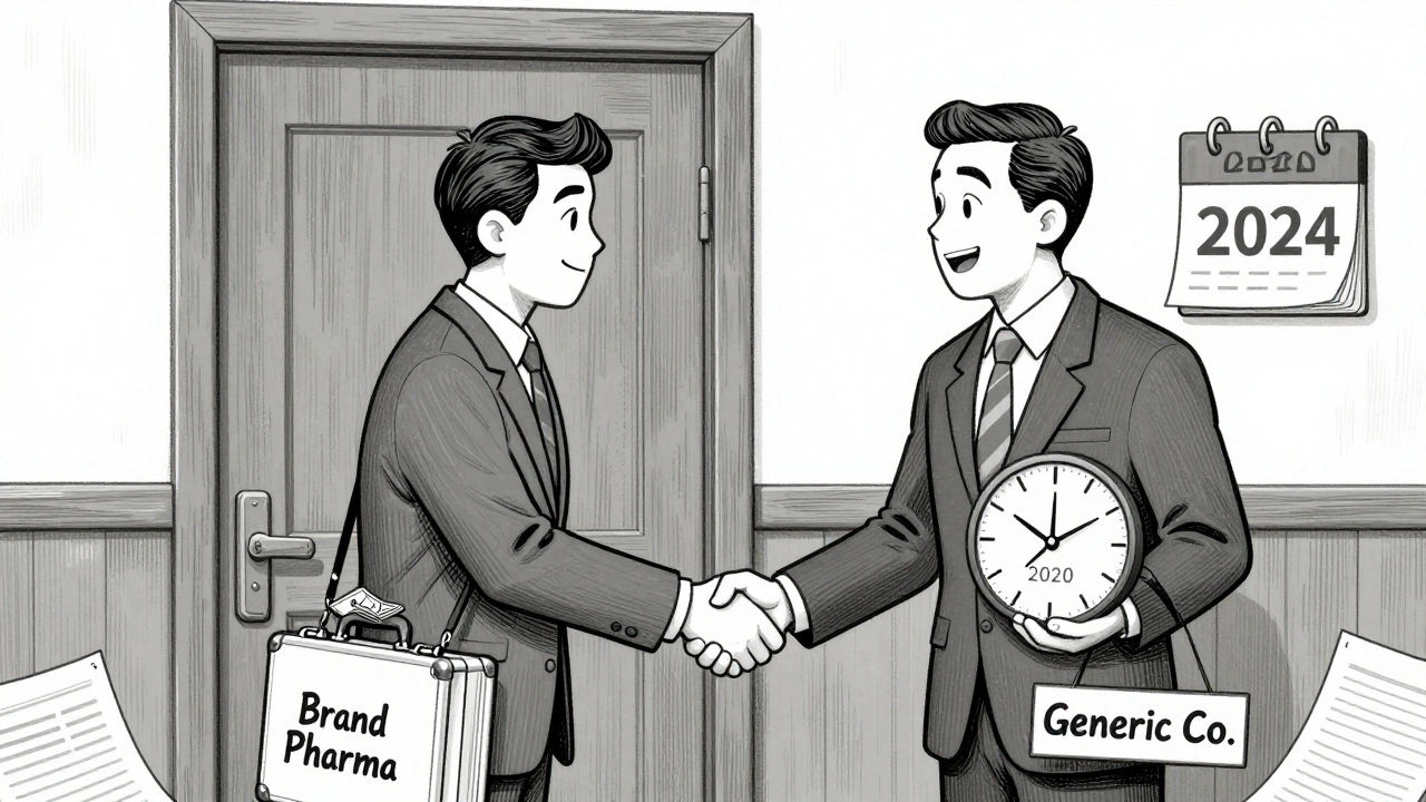 Two executives shake hands behind a courtroom door, delaying generic drug release for years.