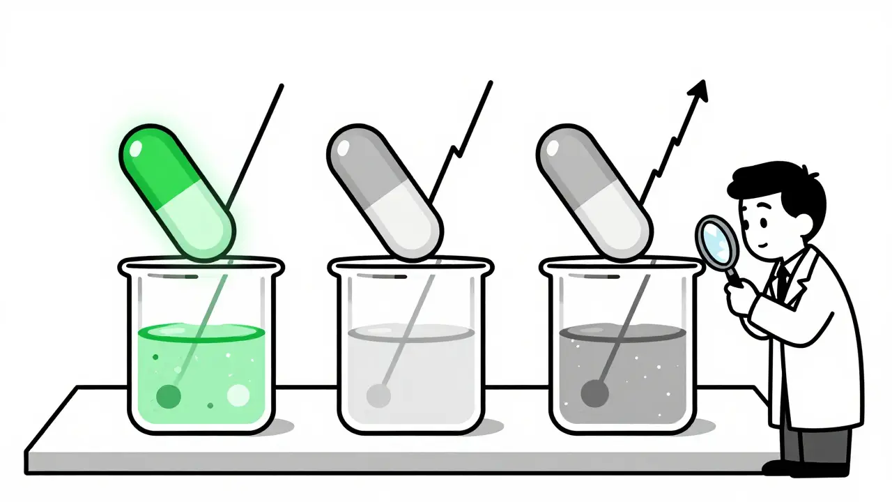 Two tablets being tested in three beakers showing different dissolution profiles.