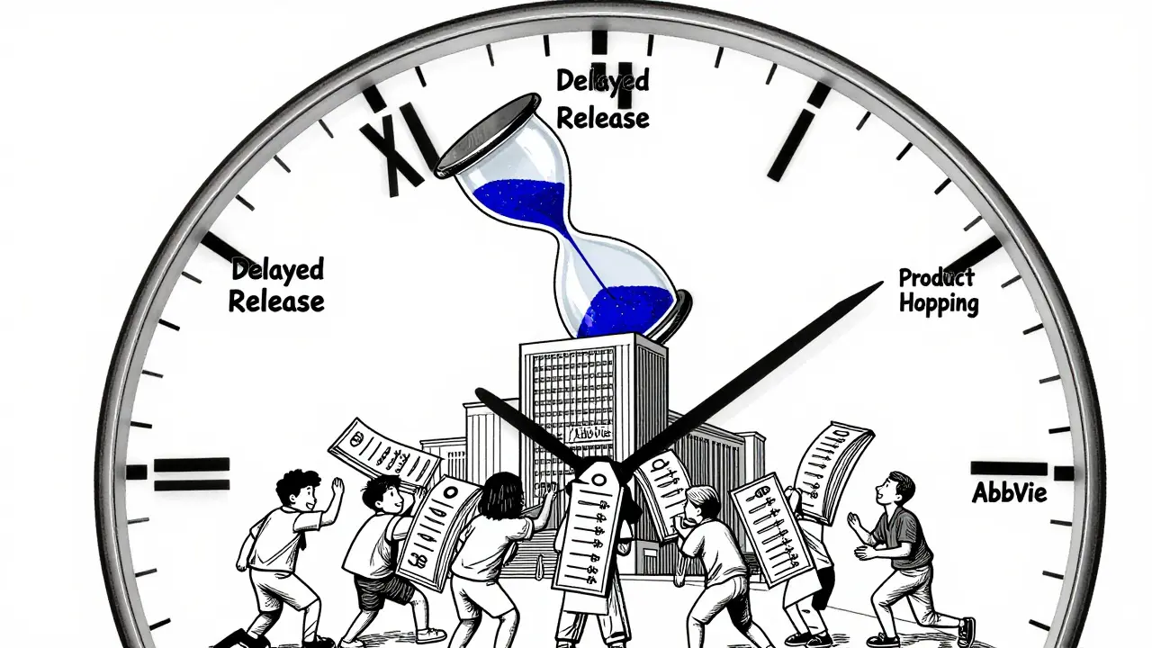 A clock face made of patent tactics pours money into a pharma tower while patients suffer below.