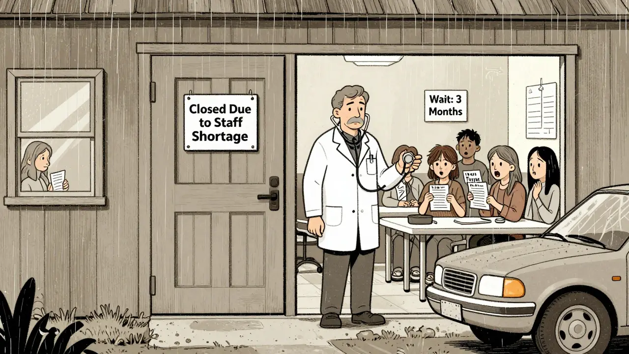 A closed rural clinic with patients waiting outside, sign indicating staff shortage and rain falling.