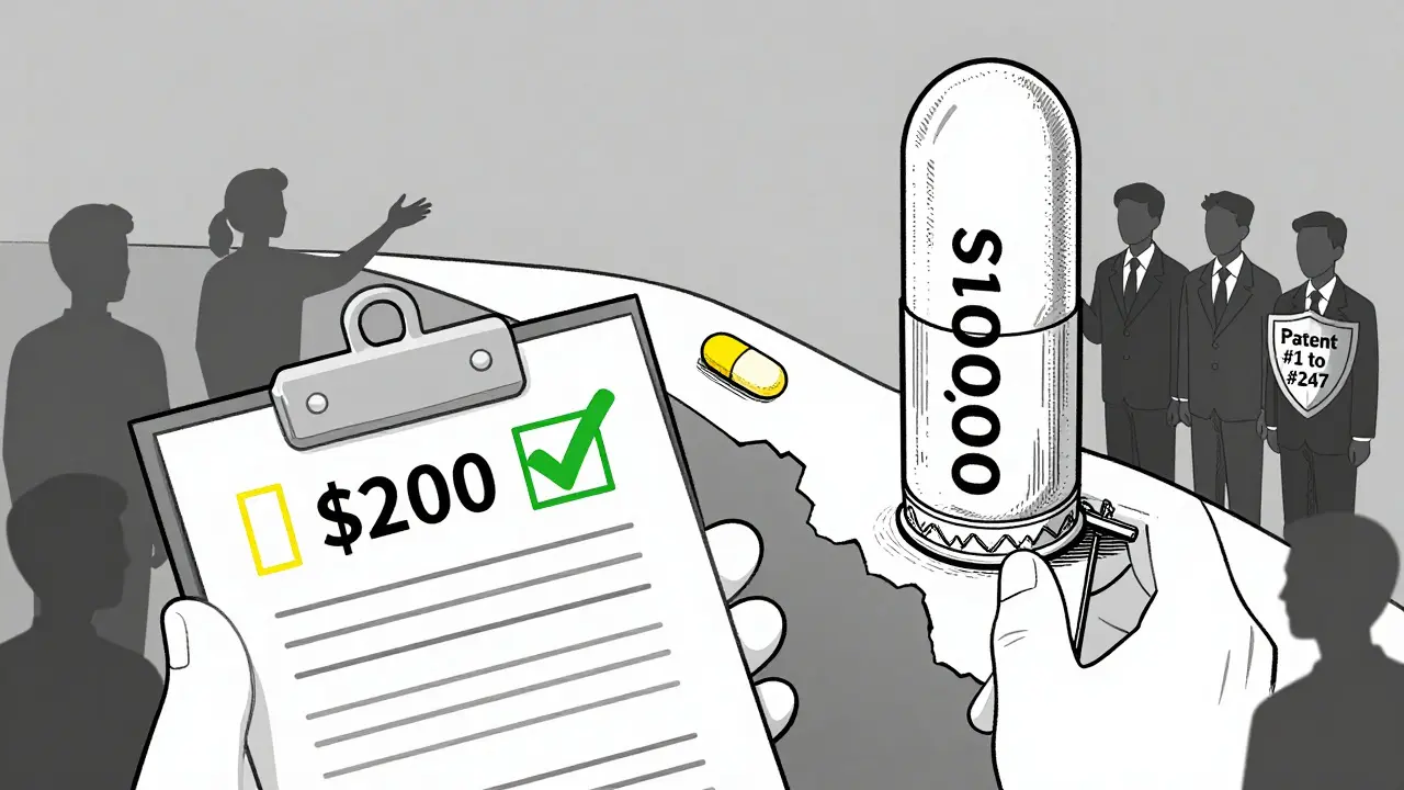 A doctor chooses between a cheap generic pill and an expensive branded one guarded by patent lawyers.