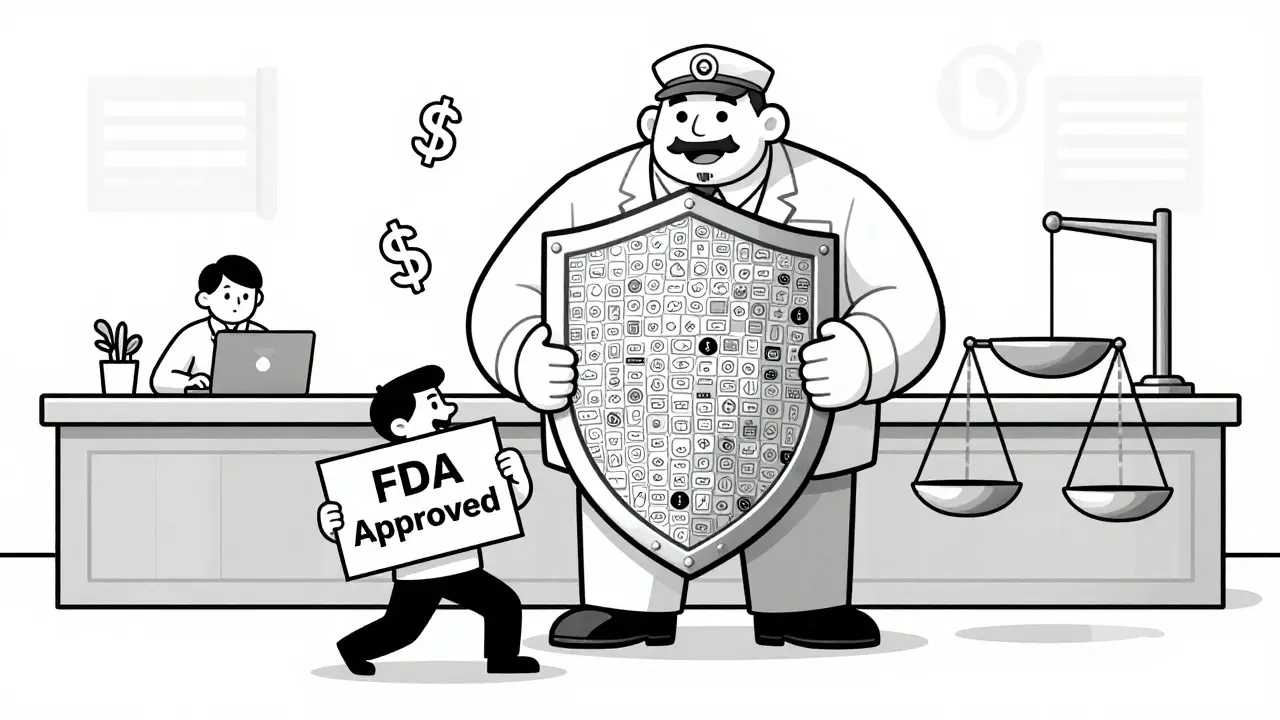 A pharmaceutical company uses a wall of patents to block a generic drug maker in a legal showdown.