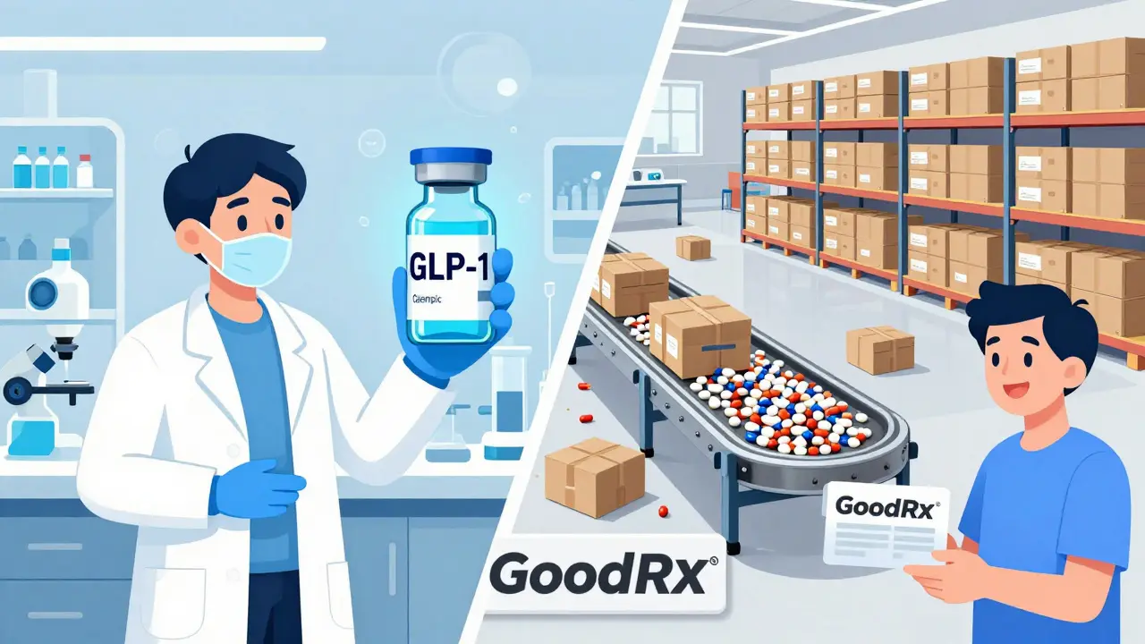 A split scene: high-tech biologics on one side, mass-produced generics on the other, with a patient using a discount coupon.