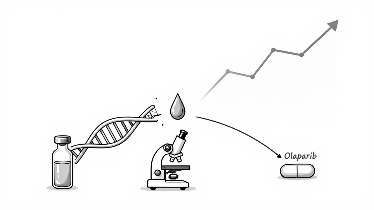 Blood drop evolving into liquid biopsy, AI analysis, and targeted therapy with rising survival curve.