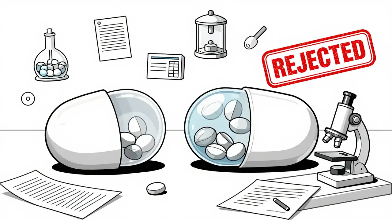 Cross-section of generic and brand pills showing identical active ingredients, with lab equipment and a rejected stamp above incomplete forms.