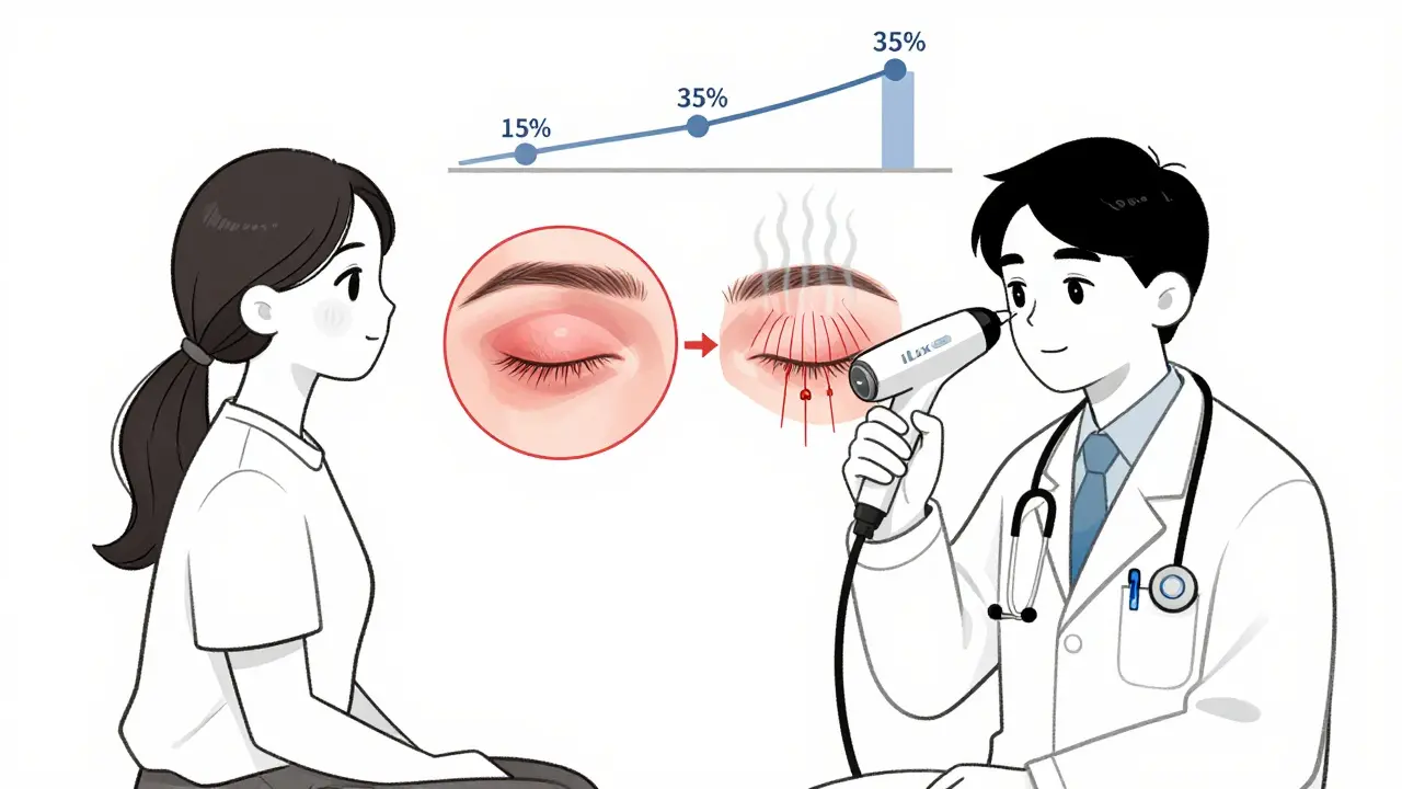 Doctor and patient discussing dry eye treatment with diagram of blocked glands and iLux device.