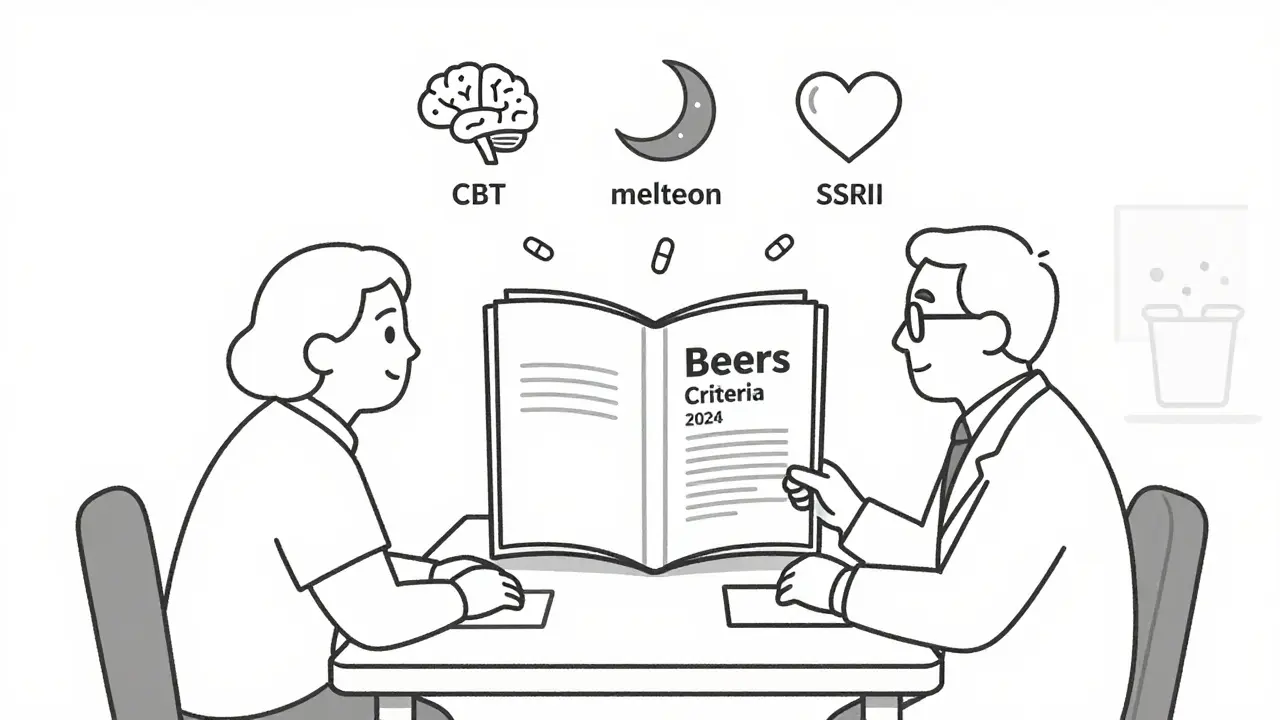 Doctor and patient reviewing Beers Criteria with safer treatment options floating nearby.