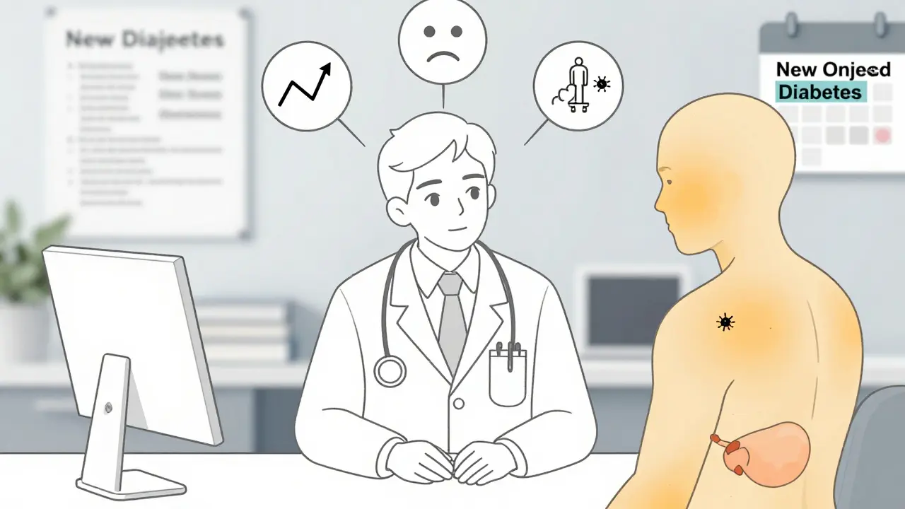 Doctor and patient with floating symptoms linked to pancreatic cancer: diabetes, depression, back pain.