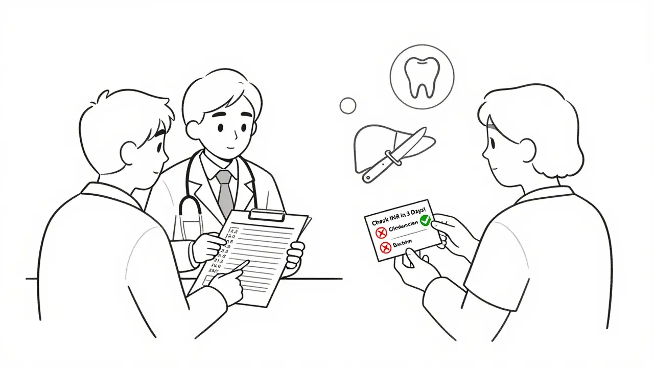 Doctor and pharmacist showing safe vs risky antibiotics for warfarin users with INR chart and icons.