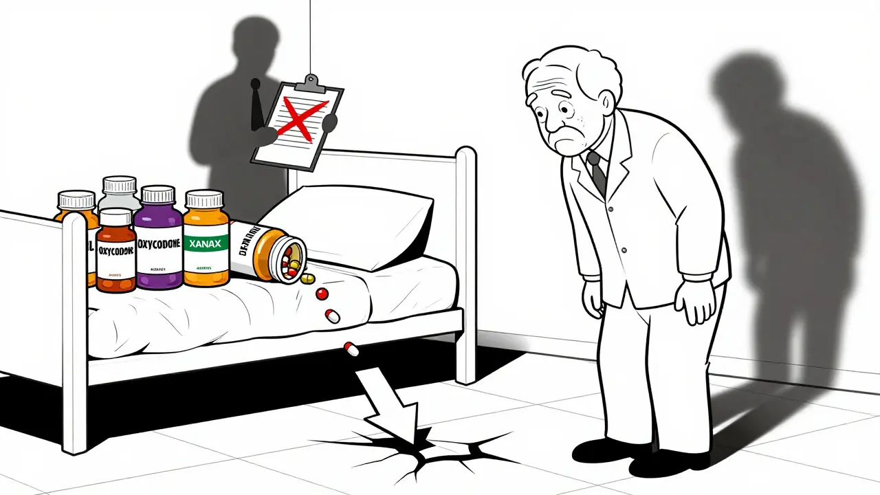 Elderly person surrounded by pill bottles, one tipping over, symbolizing fall risk from sedative mix.