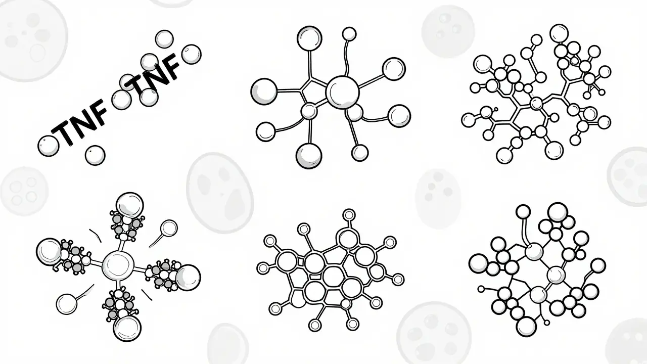 Five different biologic drugs interacting with TNF-alpha proteins in unique ways.