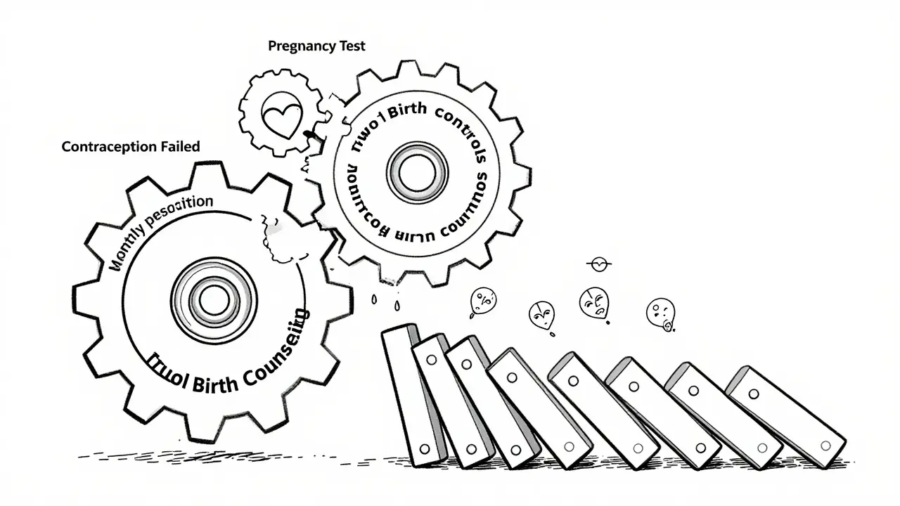 Gear system representing iPLEDGE program with one broken gear causing birth defect symbols to fall like dominoes.