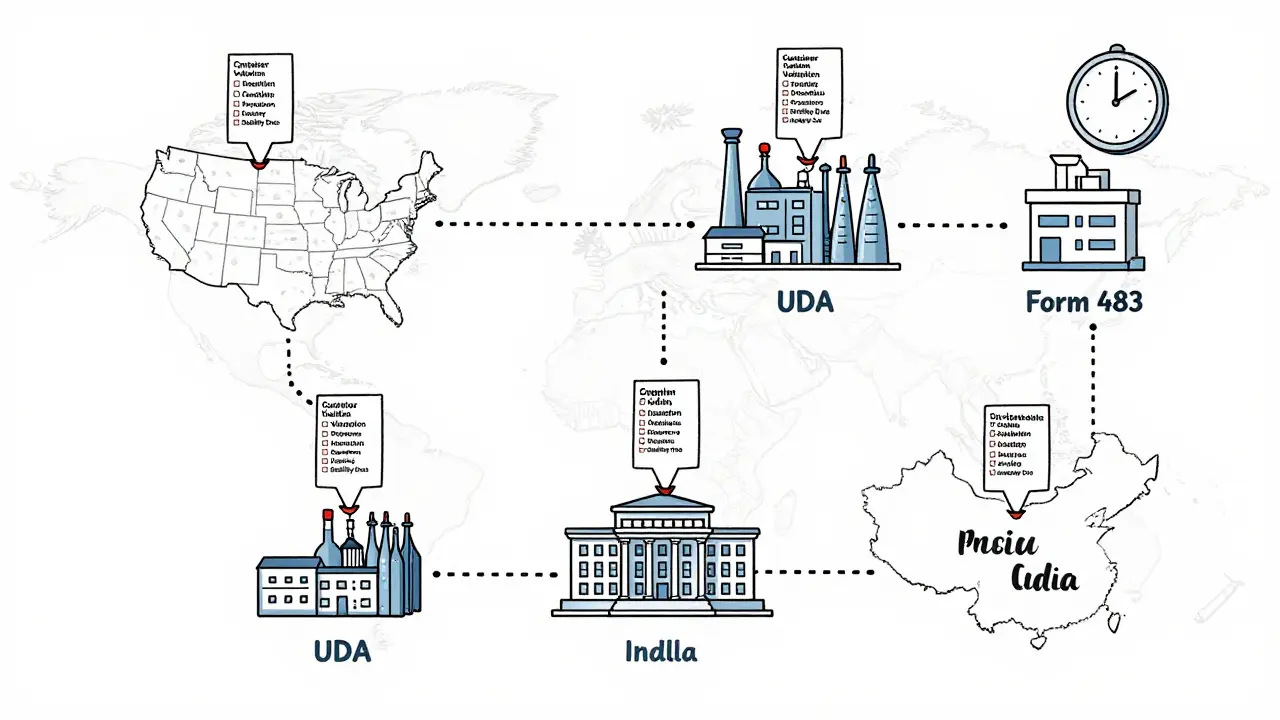 Global map of generic drug manufacturing sites connected to FDA, with cGMP checklists and one facility flagged for regulatory warning.