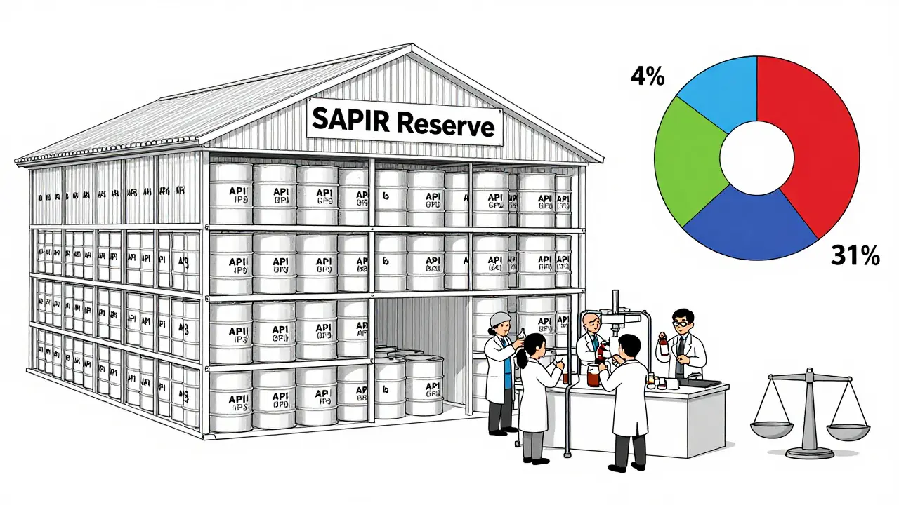Government warehouse storing raw drug ingredients, pie chart shows unequal allocation to cancer drugs