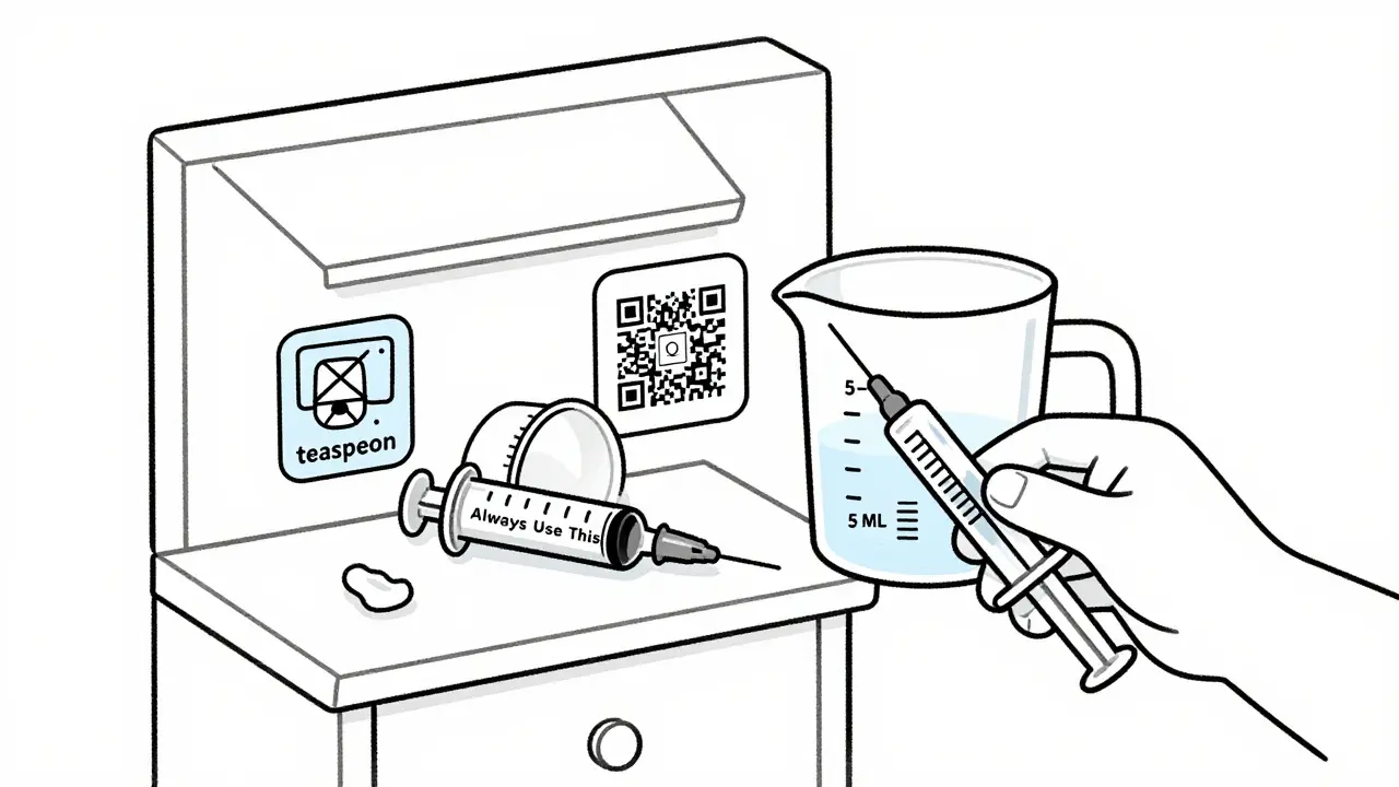 Medicine cabinet with oral syringe, discarded dosing cup, and QR code for instructional video.