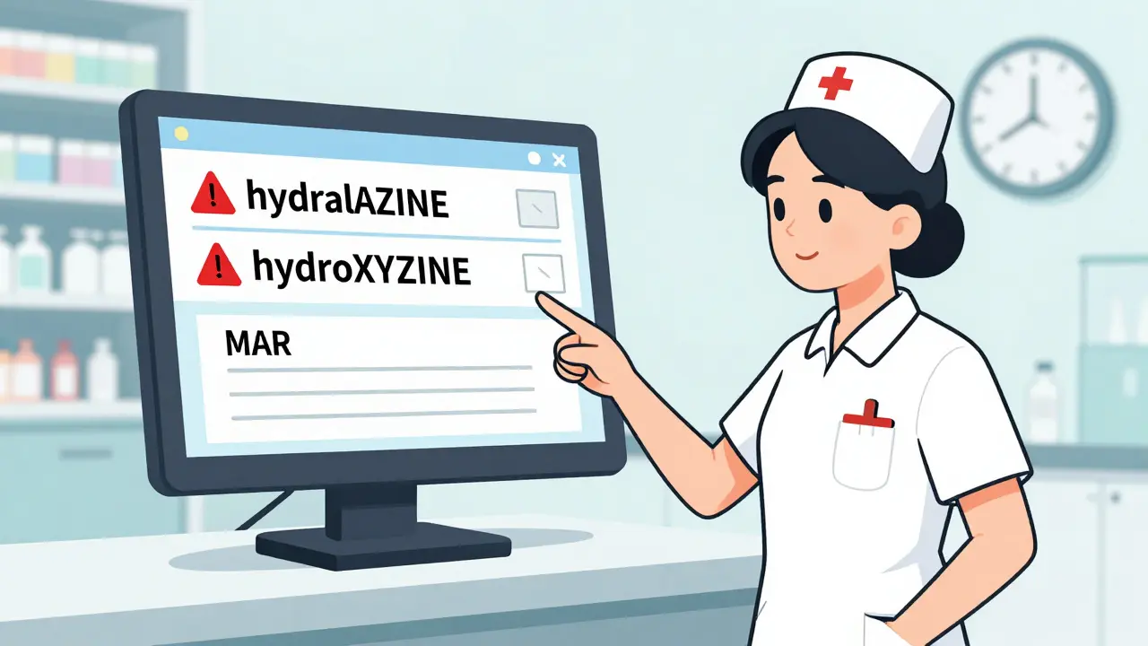 Nurse comparing electronic drug list with printed label lacking capitalization.