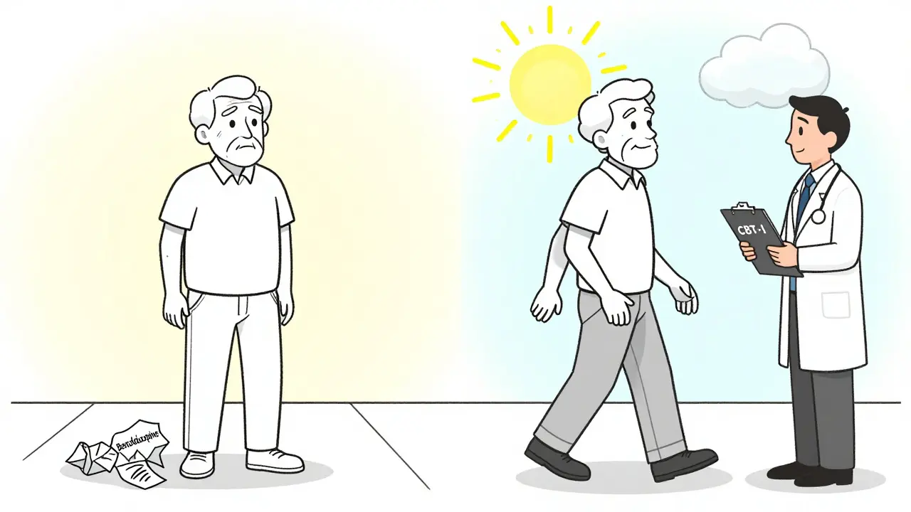 Older man comparing risky medication use to safe therapy with a CBT-I therapist.