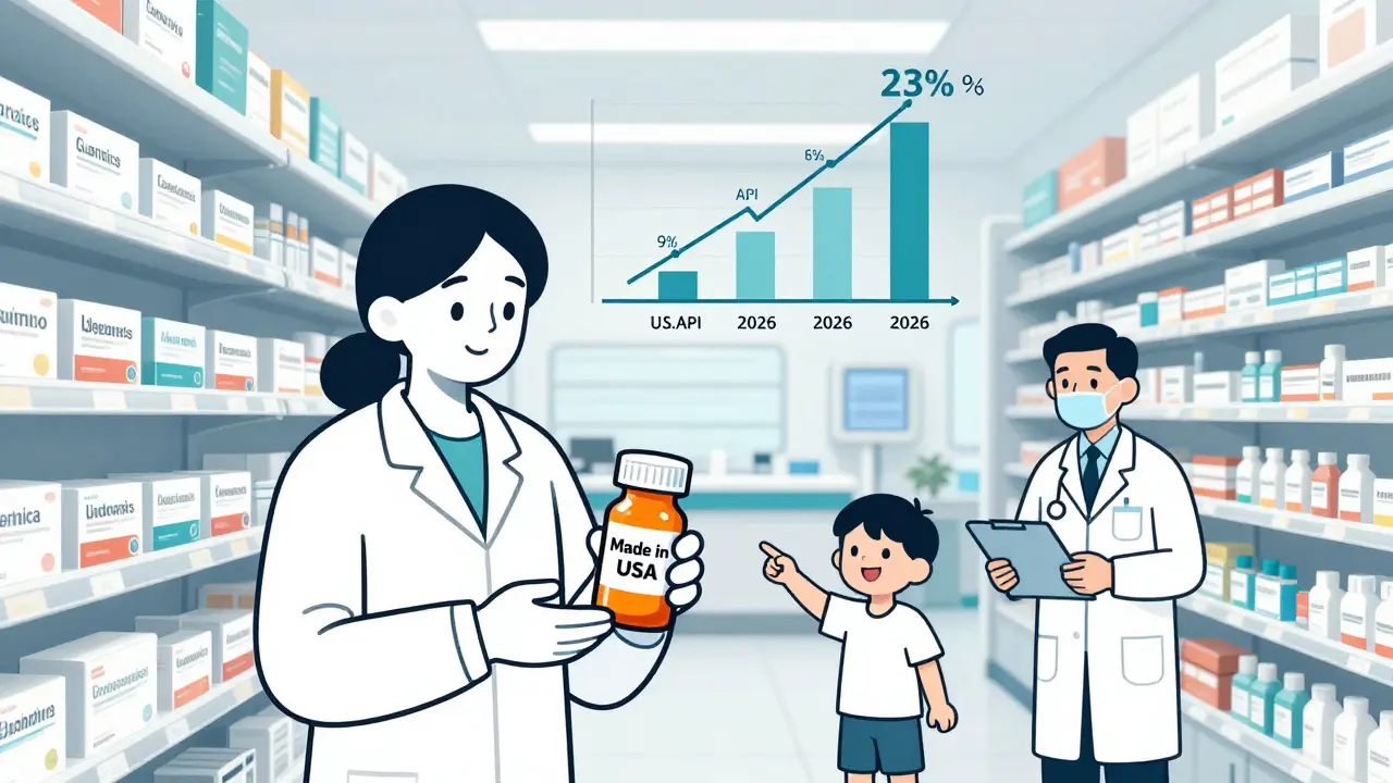 Patient holding U.S.-made generic pill bottle beside full pharmacy shelves and rising production graph