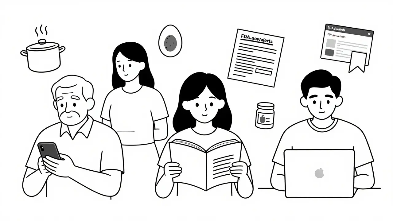 People at home checking for FDA recalls on phones, labels, and online stores.