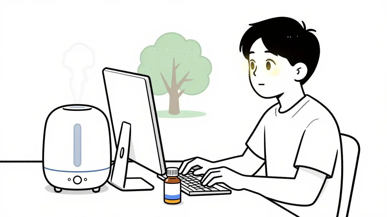 Person at computer using humidifier and omega-3s, following 20-20-20 rule with eye drop vials nearby.