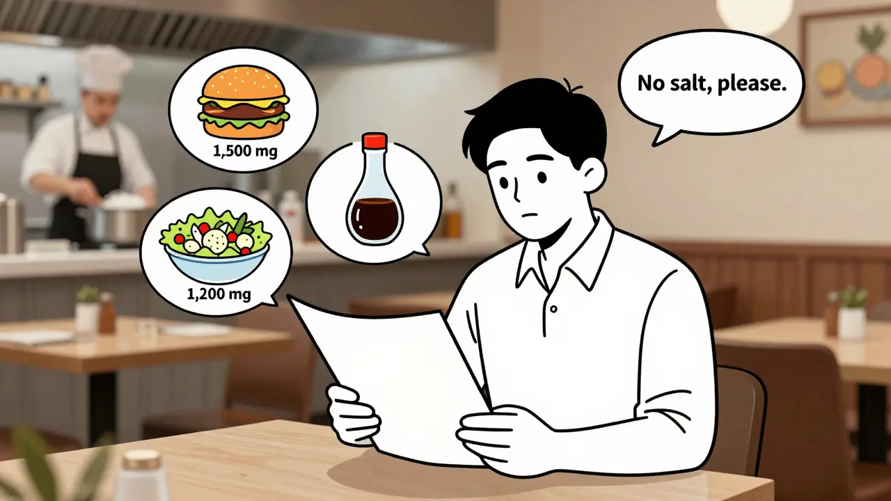 Person at restaurant asking for sauces on the side, with floating sodium labels from burger, salad, and soy sauce.