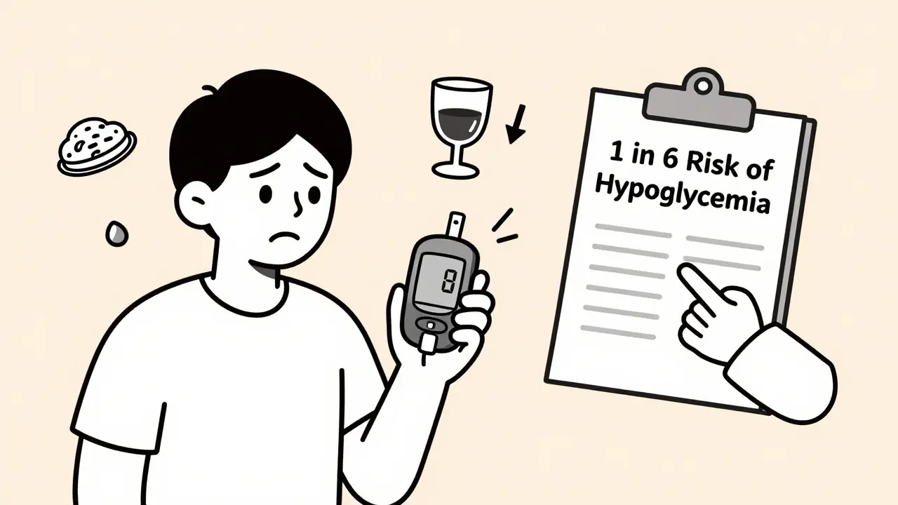 Person checking blood sugar with icons of skipped meal and alcohol, warning of low blood sugar